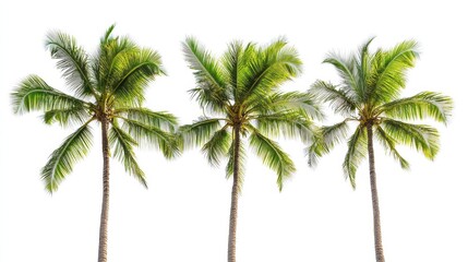 Obraz premium Three tall palm trees with vibrant green fronds against a white background, creating a tropical and refreshing atmosphere.