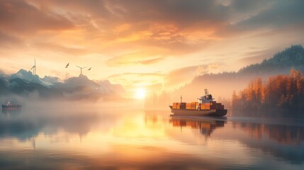 Fototapeta premium Serene sunset reflection over tranquil lake with boat majestic mountains in background nature photography peaceful atmosphere aerial view calmness concept for seo impact