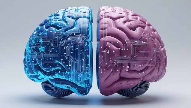 A stylized, 3D rendering of a human brain split in half, one side composed of glowing, intricate circuit board patterns in shades of blue