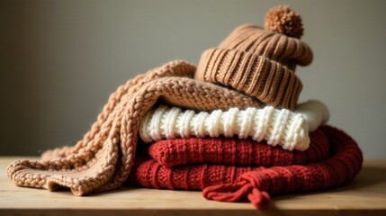 A cozy stack of hand-knitted sweaters and a warm winter hat, perfect for chilly weather