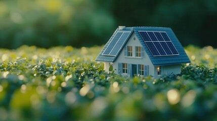 Naklejka premium Solar powered house nestled among vibrant greenery in a serene outdoor setting during golden hour