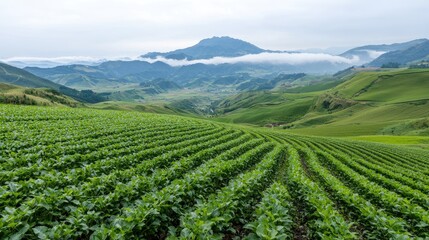 Lush green terraced fields, mountain mist, rural valley. Agriculture, farming, landscape