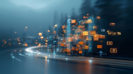Dynamic urban data visualization futuristic city digital art nighttime aerial view engaging technology concepts for modern innovation