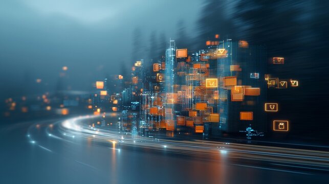 Dynamic urban data visualization futuristic city digital art nighttime aerial view engaging technology concepts for modern innovation