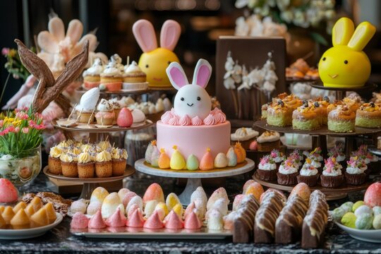 Elaborate easter brunch buffet showcasing a delightful assortment of pastries, cakes, and sweets, adorned with festive decorations