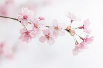 Fototapeta premium A delicate sakura branch with soft, fluttering pink blossoms.