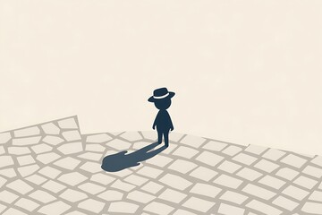 Isolated Cartoon Figure Standing with Hat Casting Shadow on Stone Path