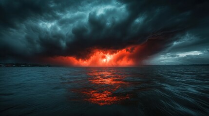 Fototapeta premium An atmospheric scene where dark clouds are illuminated by an unseen light source, casting haunting reflections on the water's surface, evoking deep emotions of mystery and hope.