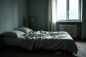 Unmade Bed in a Room with a Lamp and Window
