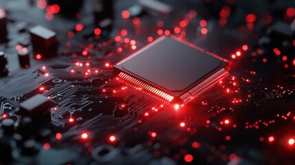 An electrifying close-up of a microchip design, featuring vibrant red circuits that pulse with energy, representing the excitement and dynamism of modern technology.
