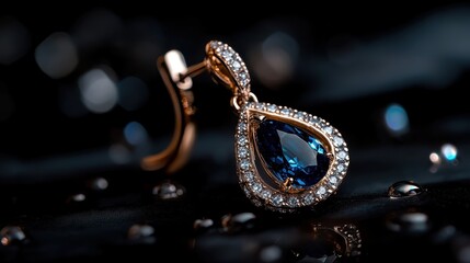 Striking close-up of refined blue sapphire earrings surrounded by droplets, emphasizing their elegance and the intricate details in the luxurious design.