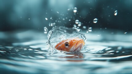 A curious goldfish surfaces through rippling water, showcasing its vibrant colors and expressive demeanor amidst the vivid aquatic setting.