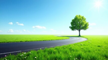Serene Meadow Landscape A Winding Road Curves Gently Through Lush Green Grass, Under a Bright Sunny Sky, Beside a Single Majestic Tree, Offering a Peaceful and Tranquil Scene.