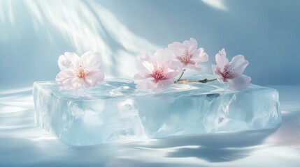 A crystalline ice podium adorned with an array of vibrant sakura flowers.