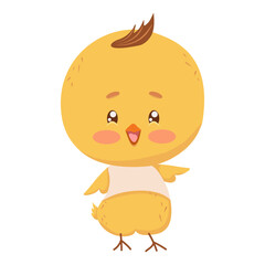 Cute yellow chicken chick in white t-shirt standing on two legs. Vector drawing of little chicken, funny bangs and pink blush. Smiling male character isolated on background for holiday decor, birthday