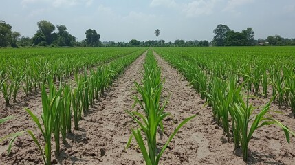 Young corn seedlings in rows on a field under a partly cloudy sky