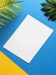 A blank white A4 paper is placed on the table, with blue and yellow background colors. The poster features a flat design style with vector graphics