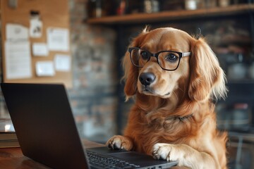 Golden retriever with glasses working on a laptop in a creative home office. Ideal for concepts related to business, learning, and technology.