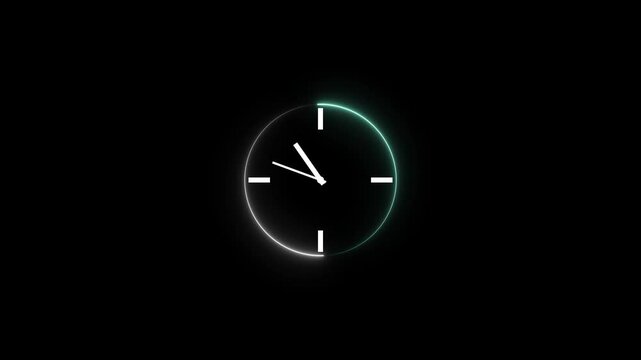 Abstrack neon shine clock icon animation on black background.