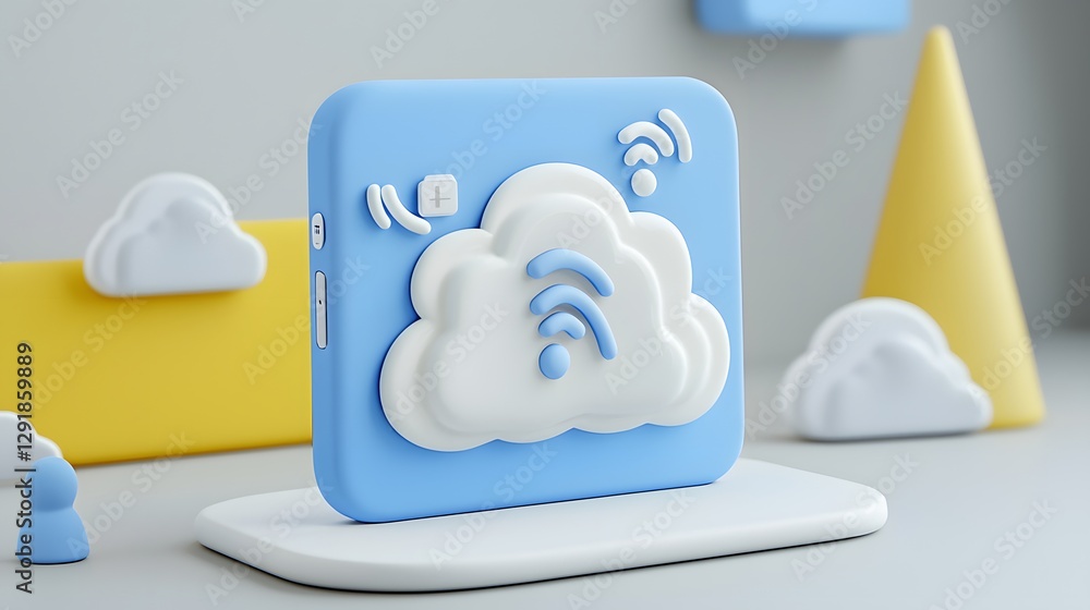 Poster 3d render of a blue square device with cloud and wifi symbols