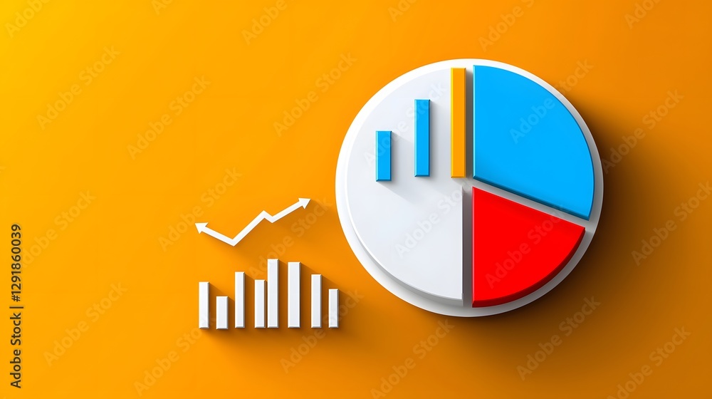 Aufkleber 3d colorful pie chart and bar graph on orange background
