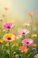 Vibrant pastel blossoms in a sunlit meadow, showcasing delicate petals and diverse hues, creating a tranquil and idyllic springtime scene.