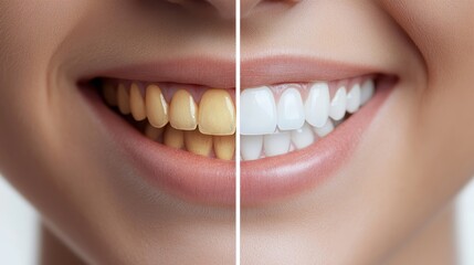 Close-up of a female's smile showing a dramatic contrast between yellow and bright white teeth. Fresh and confident appearance.