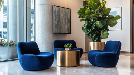 Stylish modern seating in a contemporary lobby with lush indoor plants, featuring blue velvet chairs and a sleek gold coffee table.