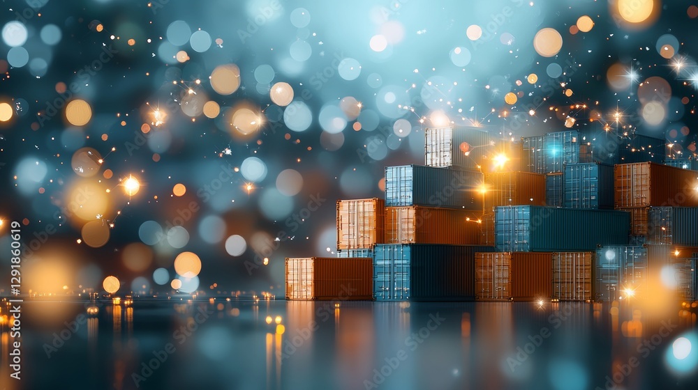Poster dynamic cargo container stacking in industrial warehouse visual art bokeh lighting high angle view c