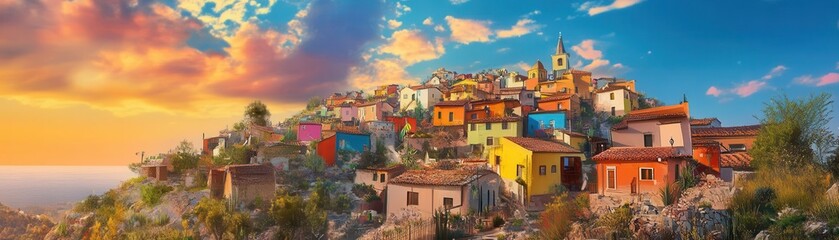 Obraz premium Medieval hill town under a vibrant sunset sky, colorful homes glowing in the evening light, tranquil and picturesque village scene