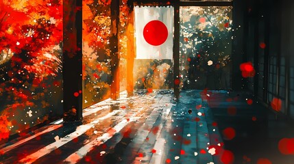 Classic Japan flag design, featuring a bold red sun on a white canvas, universally recognized in sports, politics, and heritage projects, comic book art style