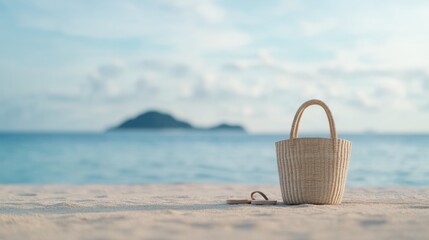 beach bag and sandals on sandy beach with ocean view