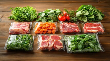 meat vacuum-sealed . fresh halal food and grocery. Fresh vegetables and meats arranged on a wooden surface for meal preparation.