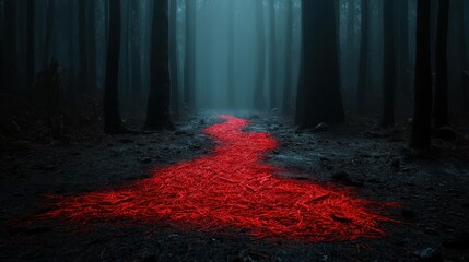 A captivating image of a dark forest showcasing a vivid red path leading through shadowy trees, evoking a feeling of mystery and intrigue in the viewer.