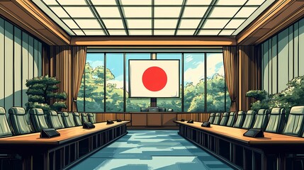 Fototapeta premium Classic Japan flag design, featuring a bold red sun on a white canvas, universally recognized in sports, politics, and heritage projects, comic book art style