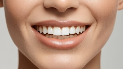 Obraz premium Smiling young woman exhibiting perfect white teeth and healthy gums, with a radiant and confident expression.
