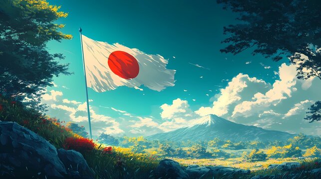 Classic Japan flag design, featuring a bold red sun on a white canvas, universally recognized in sports, politics, and heritage projects, comic book art style