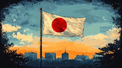 Classic Japan flag design, featuring a bold red sun on a white canvas, universally recognized in sports, politics, and heritage projects, comic book art style