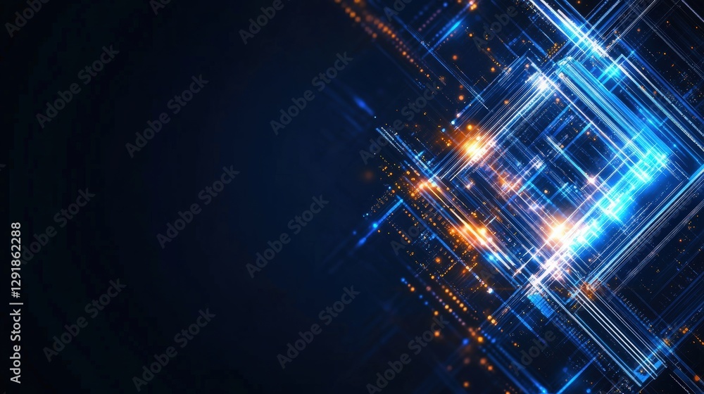 Poster abstract technology background featuring glowing lines and dots in a digital composition
