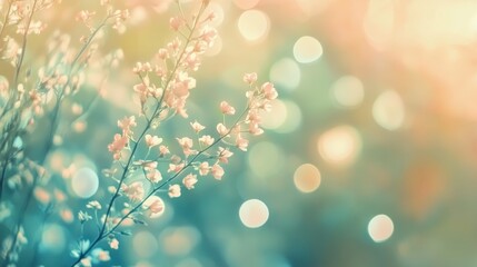 Delicate floral branches adorned with soft pink blooms create a dreamy atmosphere amidst a blurred, colorful backdrop.