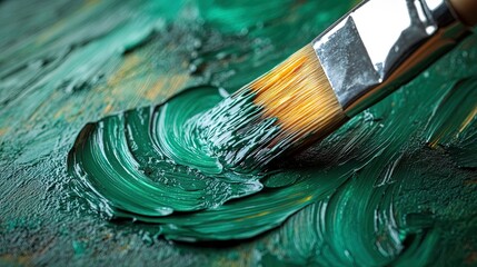 Fototapeta premium Close-up of paintbrush bristles applying thick oil paint in shades of green, richly textured