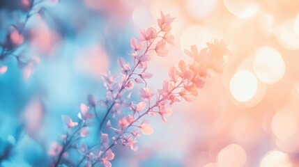 Fototapeta premium Delicate pastel flowers softly illuminated, creating an ethereal and dreamy atmosphere, perfect for spring-themed designs.