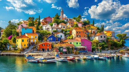 Fototapeta premium Medieval hill town with colorful homes and a majestic castle at the summit, historical grandeur, vibrant architectural harmony, regal village