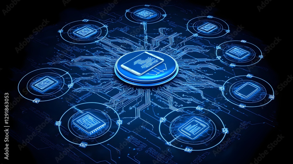 Poster abstract blue digital network glowing microchips and central processor on circuit board