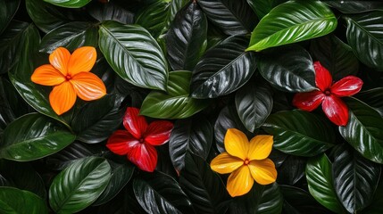 Fototapeta premium Colorful flowers amidst lush tropical leaves