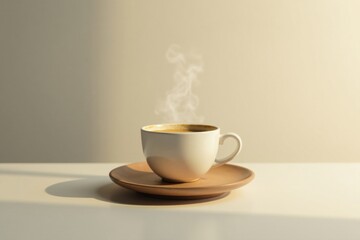 Obraz premium Aromatic Coffee Steam Rising from a White Mug on a Beige Saucer in Soft Sunlight