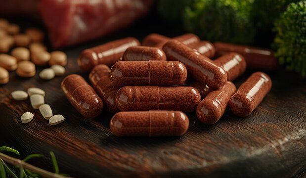 A Close-Up View of Various Dietary Supplements and Nutritional Capsules on a Wooden Surface