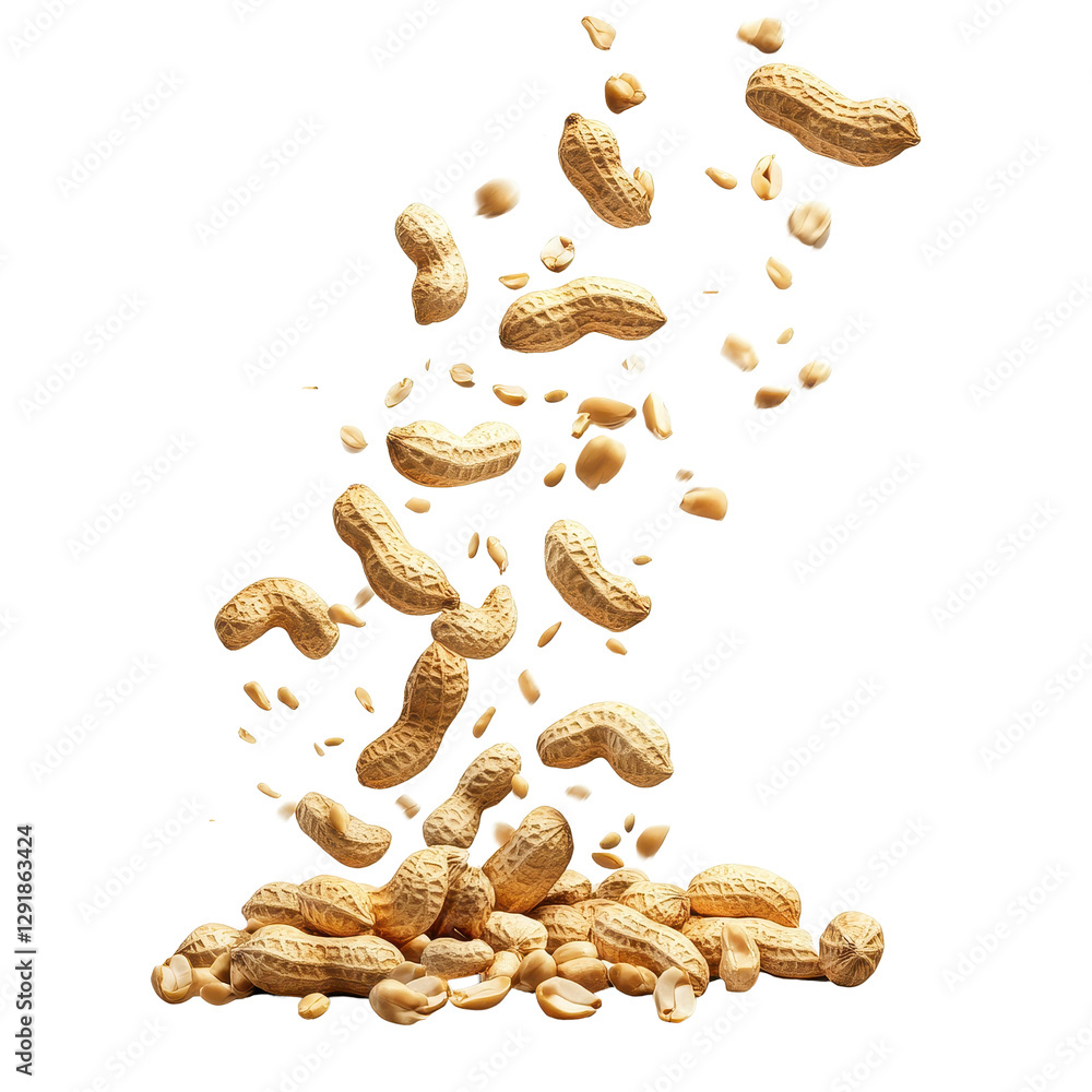 Aufkleber falling peanuts create a dynamic and playful display on a white background, falling peanuts isolated