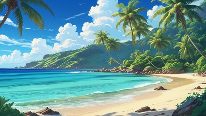 Naklejka premium Tropical Beach with Palm Trees and Clear Blue Water