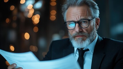 A man dressed formally, seated on a cozy sofa while reviewing papers, highlighting the blend of professionalism with the comfort of a warm, inviting home setting.